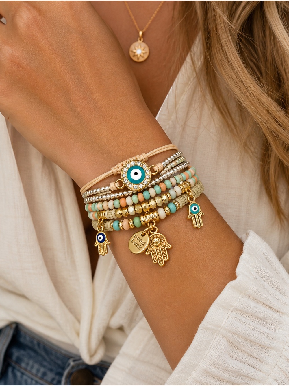 Gold-Plated Hamsa & Evil Eye Beaded Stack Bracelet - Turquoise & Cream
